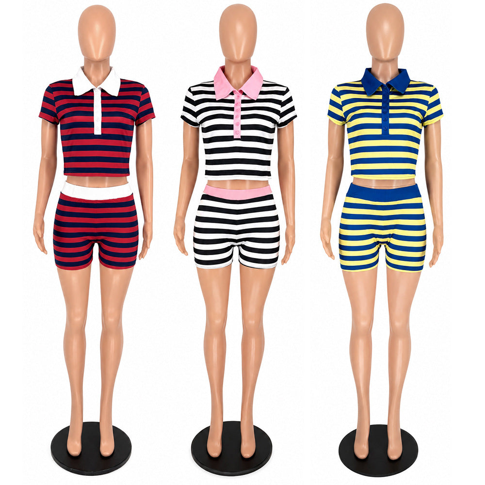 Blue & Yellow Striped  Top and  Shorts Set