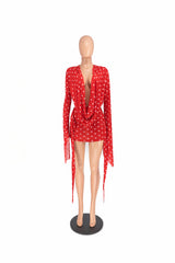 Polka Dot Deep V Mini Dress with Bell Sleeves