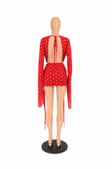 Polka Dot Deep V Mini Dress with Bell Sleeves