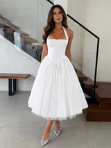 White Halter Neck Midi Dress with Full Skirt