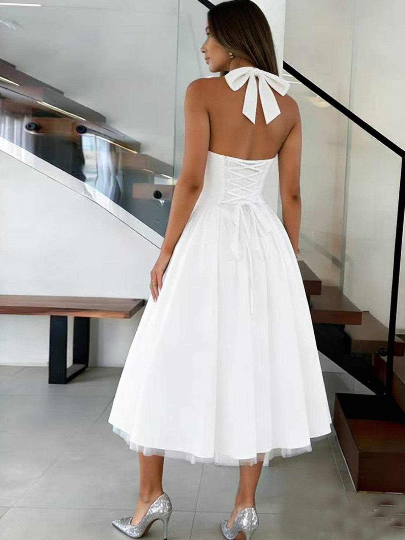 White Halter Neck Midi Dress with Full Skirt