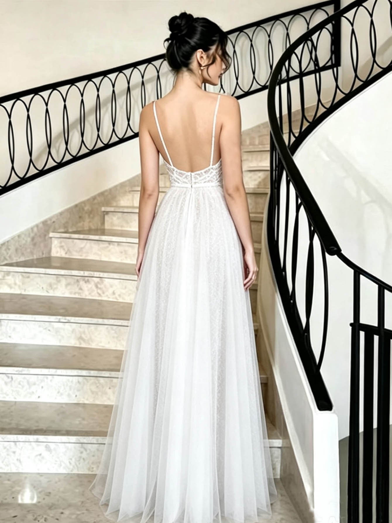 Elegant Lace Bodice Tulle Maxi Evening Dress