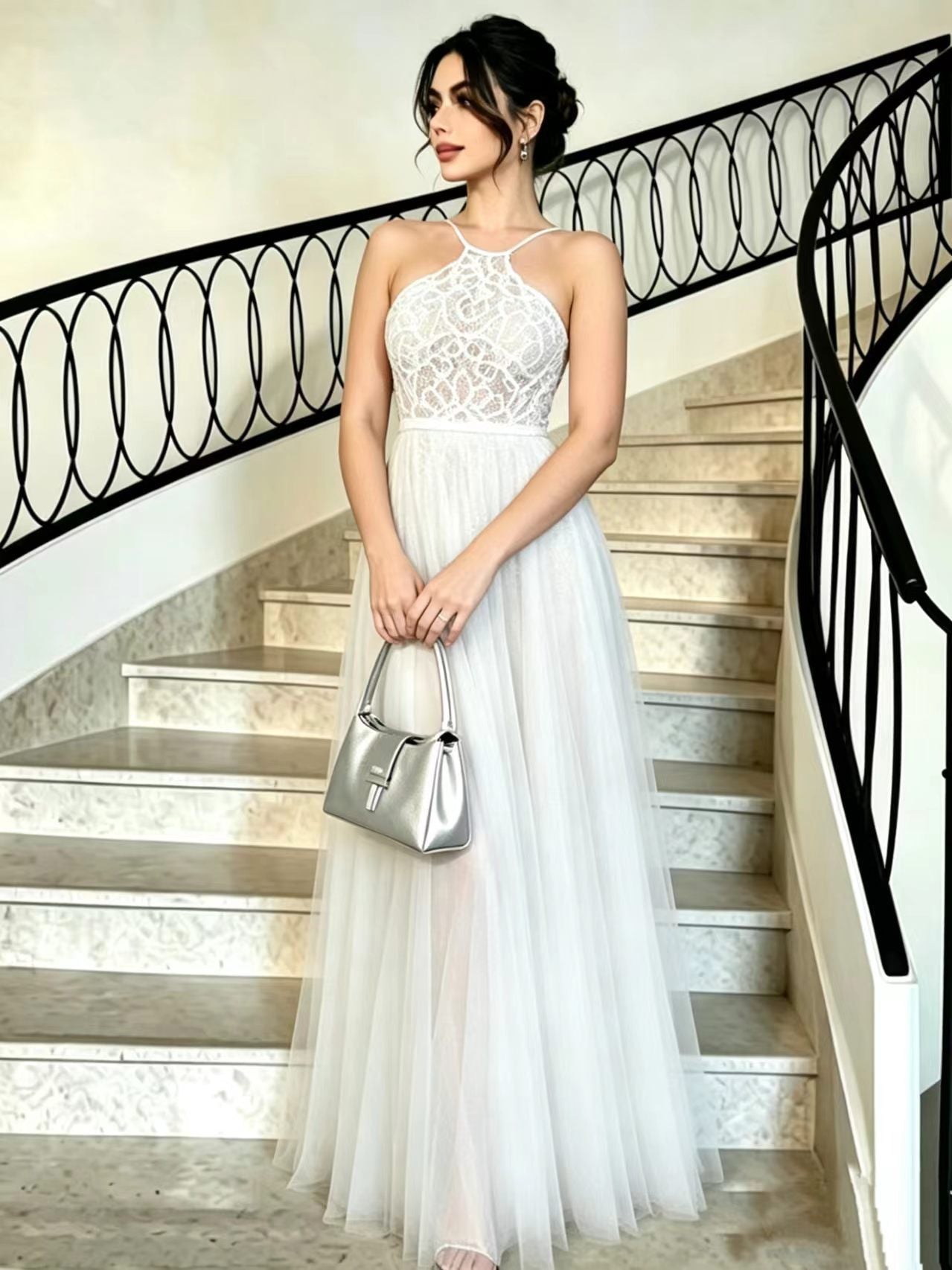Elegant Lace Bodice Tulle Maxi Evening Dress