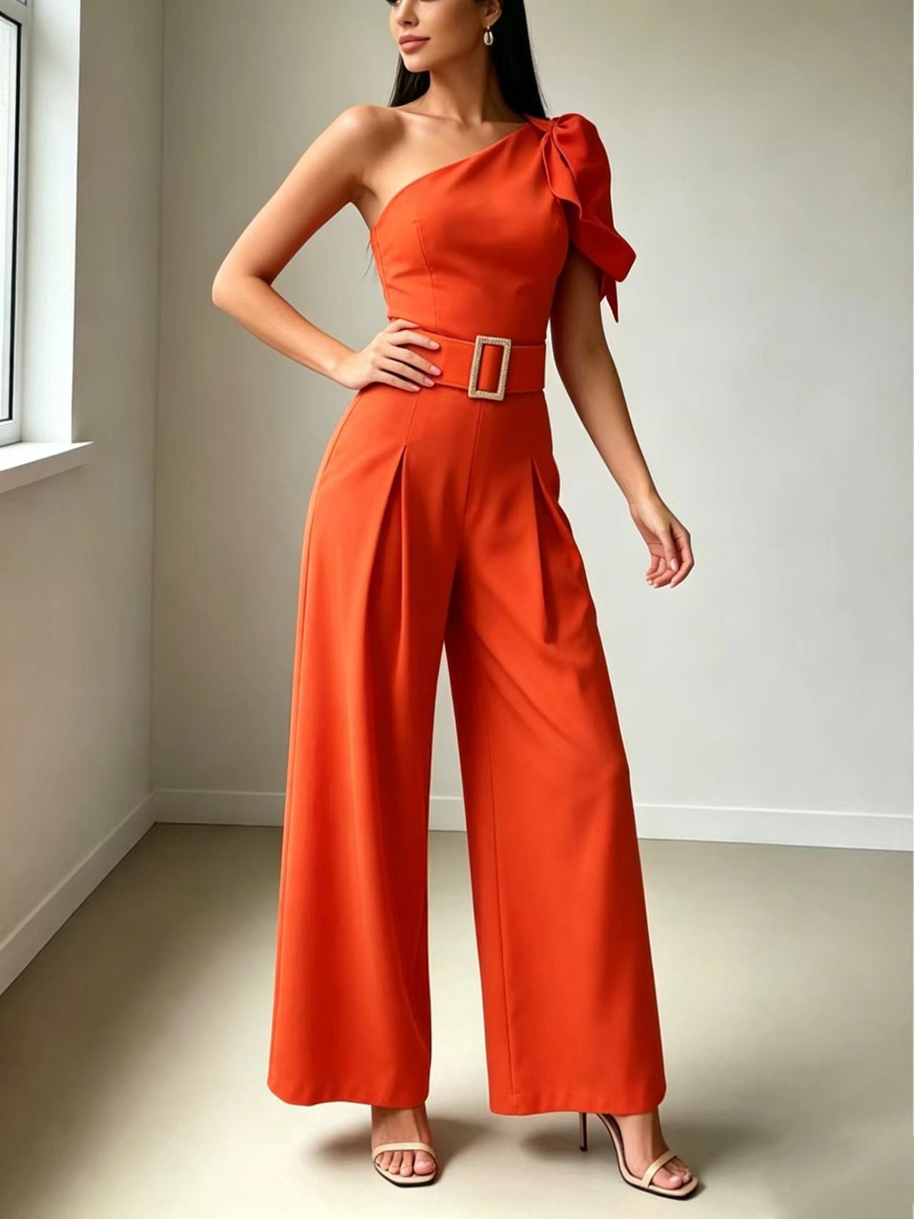 One-Shoulder Belted Wide Leg Jumpsuit