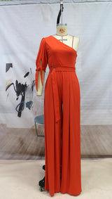 One-Shoulder Belted Wide Leg Jumpsuit