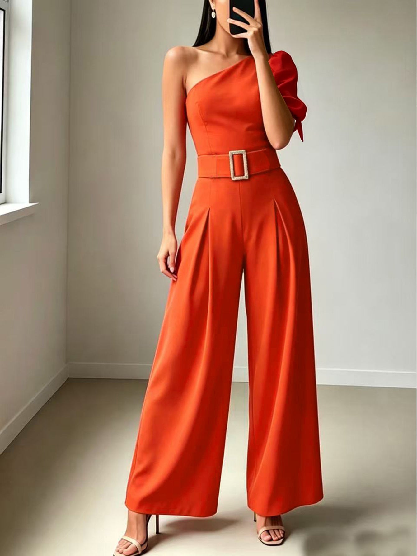 One-Shoulder Belted Wide Leg Jumpsuit