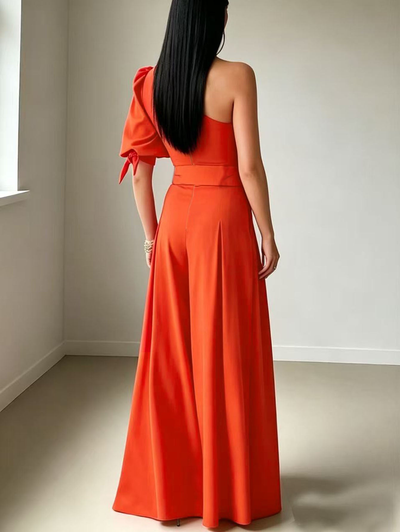 One-Shoulder Belted Wide Leg Jumpsuit