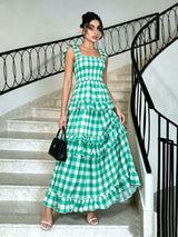 Green Gingham Ruffle Tiered Maxi Sundress