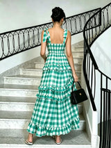 Green Gingham Ruffle Tiered Maxi Sundress