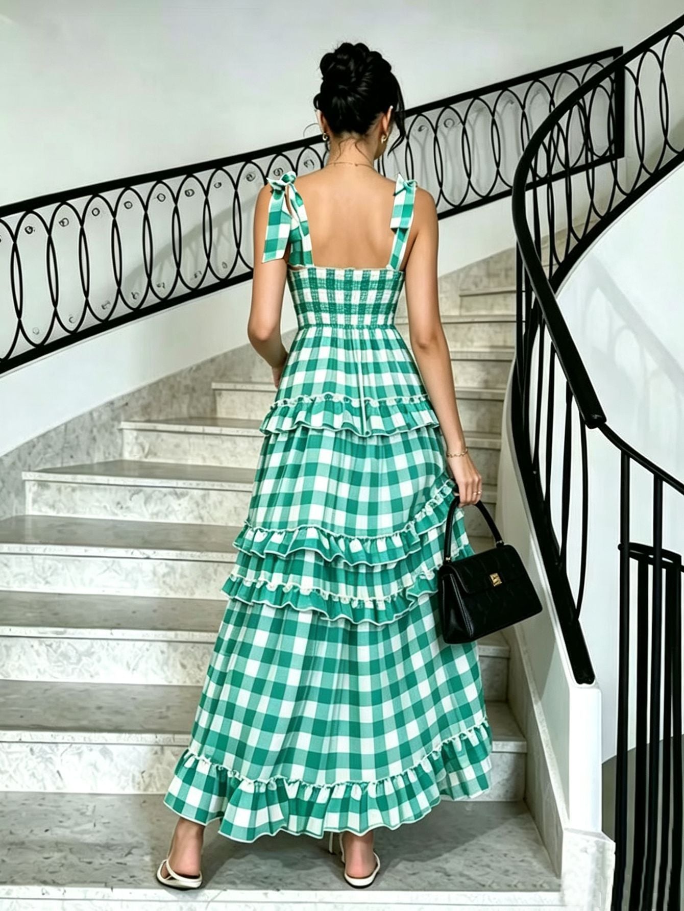 Green Gingham Ruffle Tiered Maxi Sundress