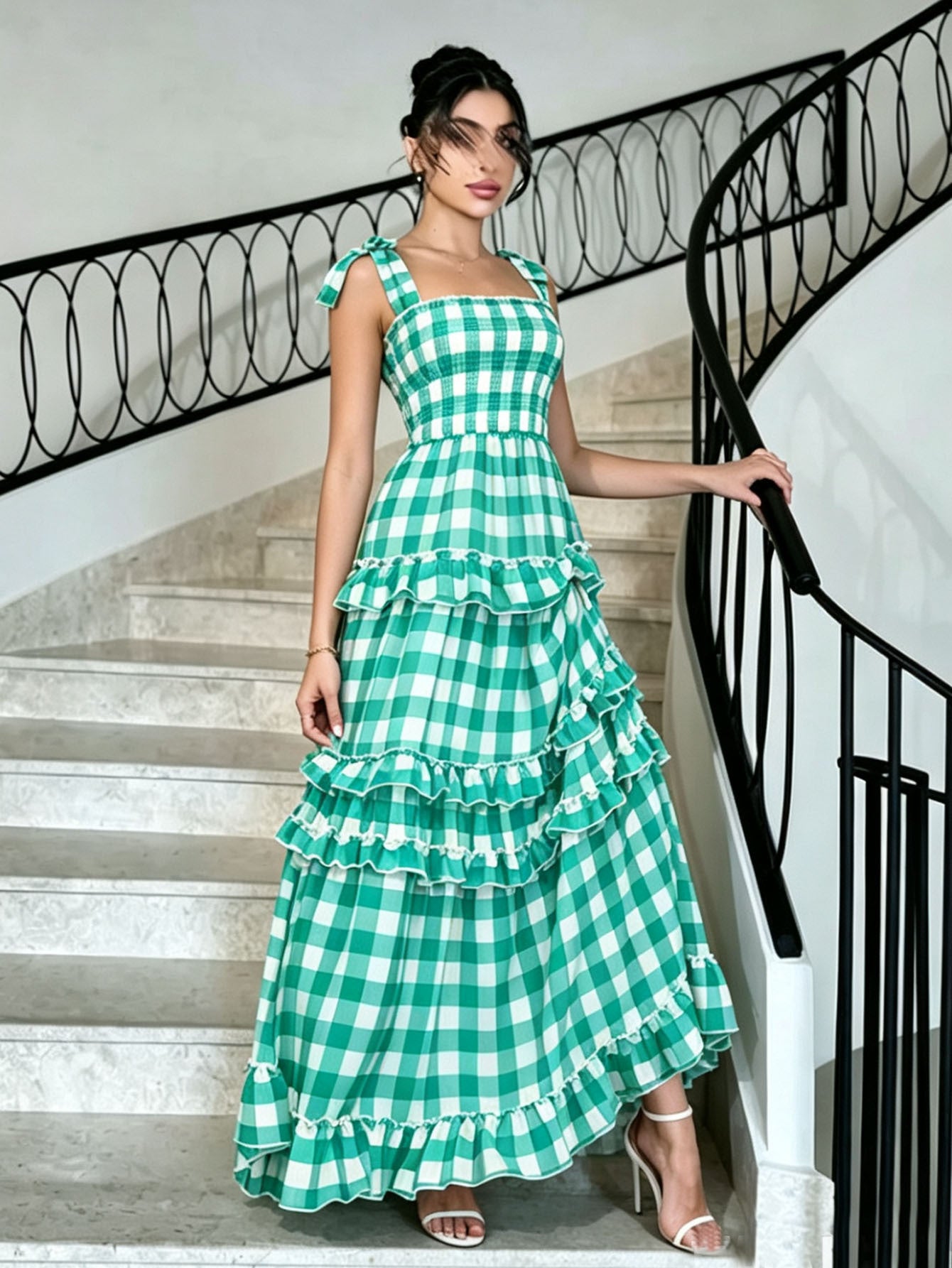 Green Gingham Ruffle Tiered Maxi Sundress