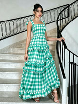 Green Gingham Ruffle Tiered Maxi Sundress