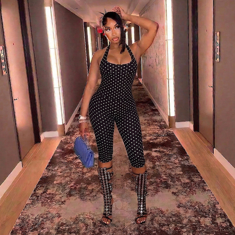 Women's Polka Dot Halter Capri Jumpsuit