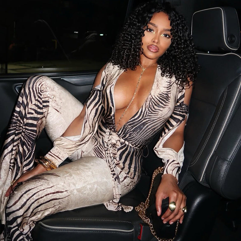 Women's Zebra Print Plunge Maxi Dress