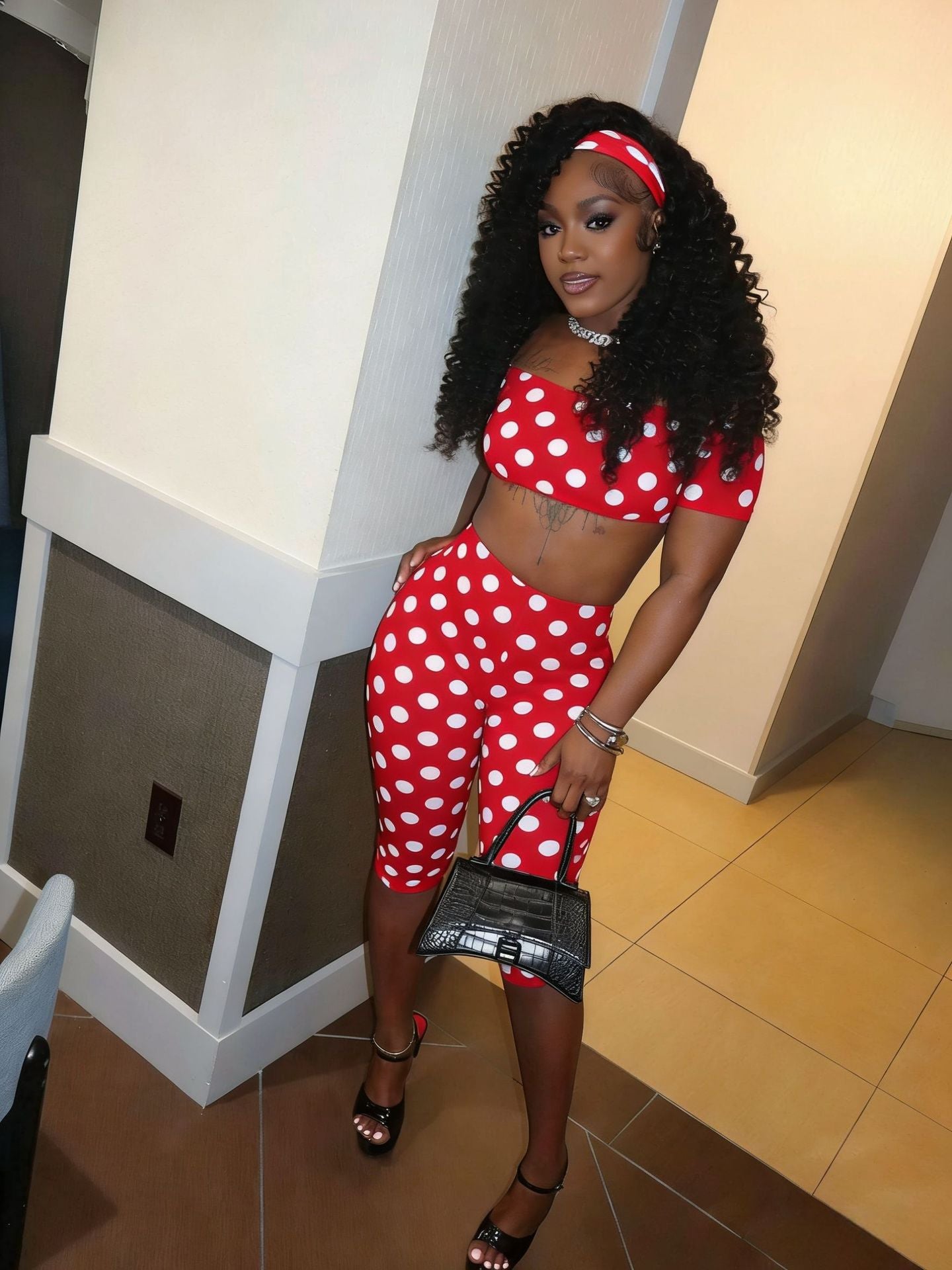 Women's Polka Dot Crop Top & Capri Leggings Set