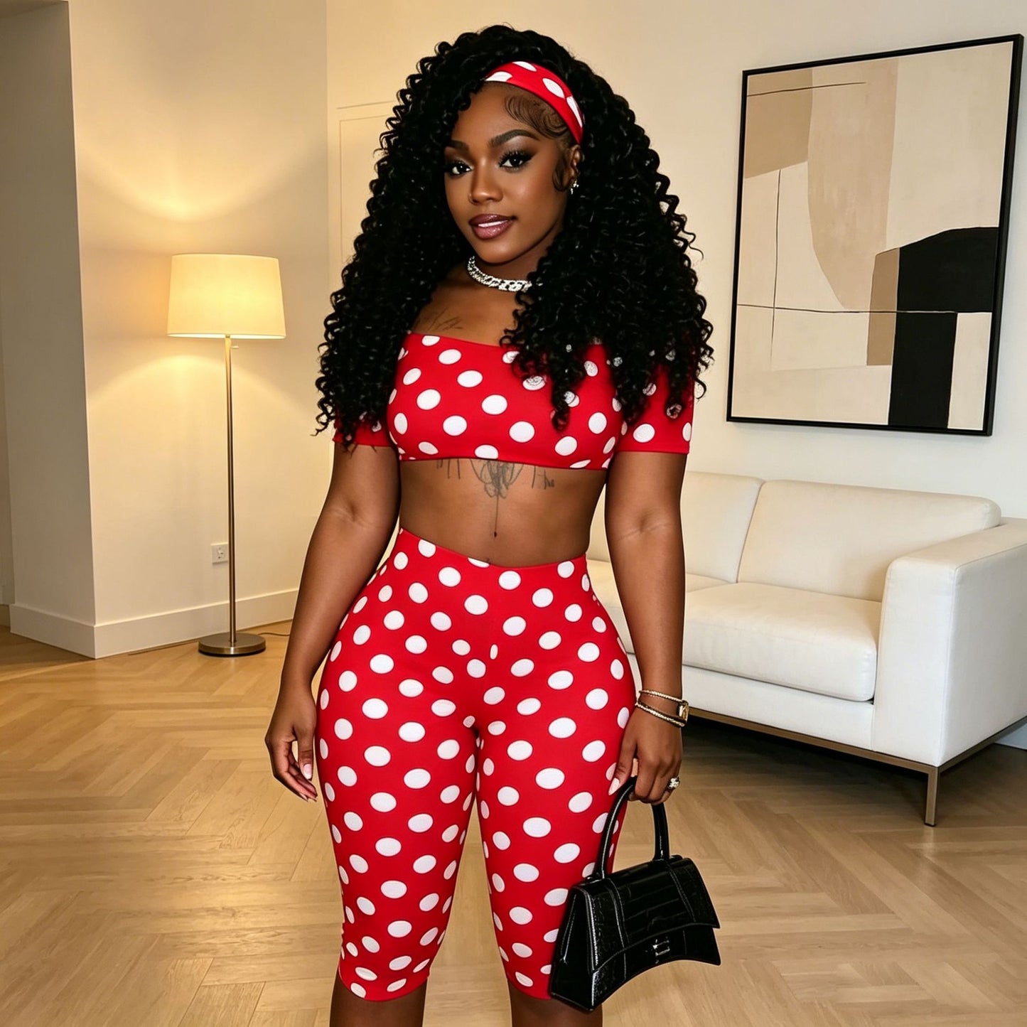 Women's Polka Dot Crop Top & Capri Leggings Set