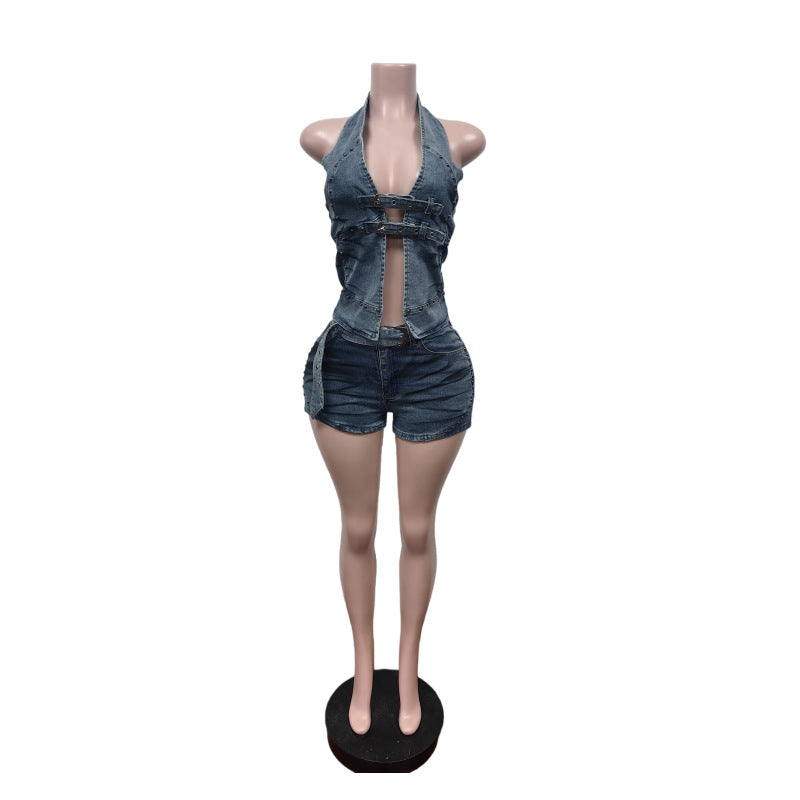 Women's Denim Halter Vest & Shorts Set