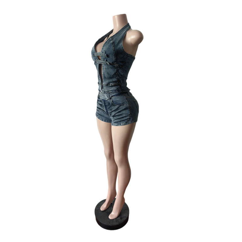 Women's Denim Halter Vest & Shorts Set