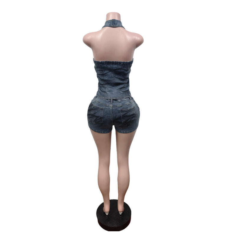 Women's Denim Halter Vest & Shorts Set
