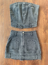 Women's Denim Tube Top Mini Skirt Set