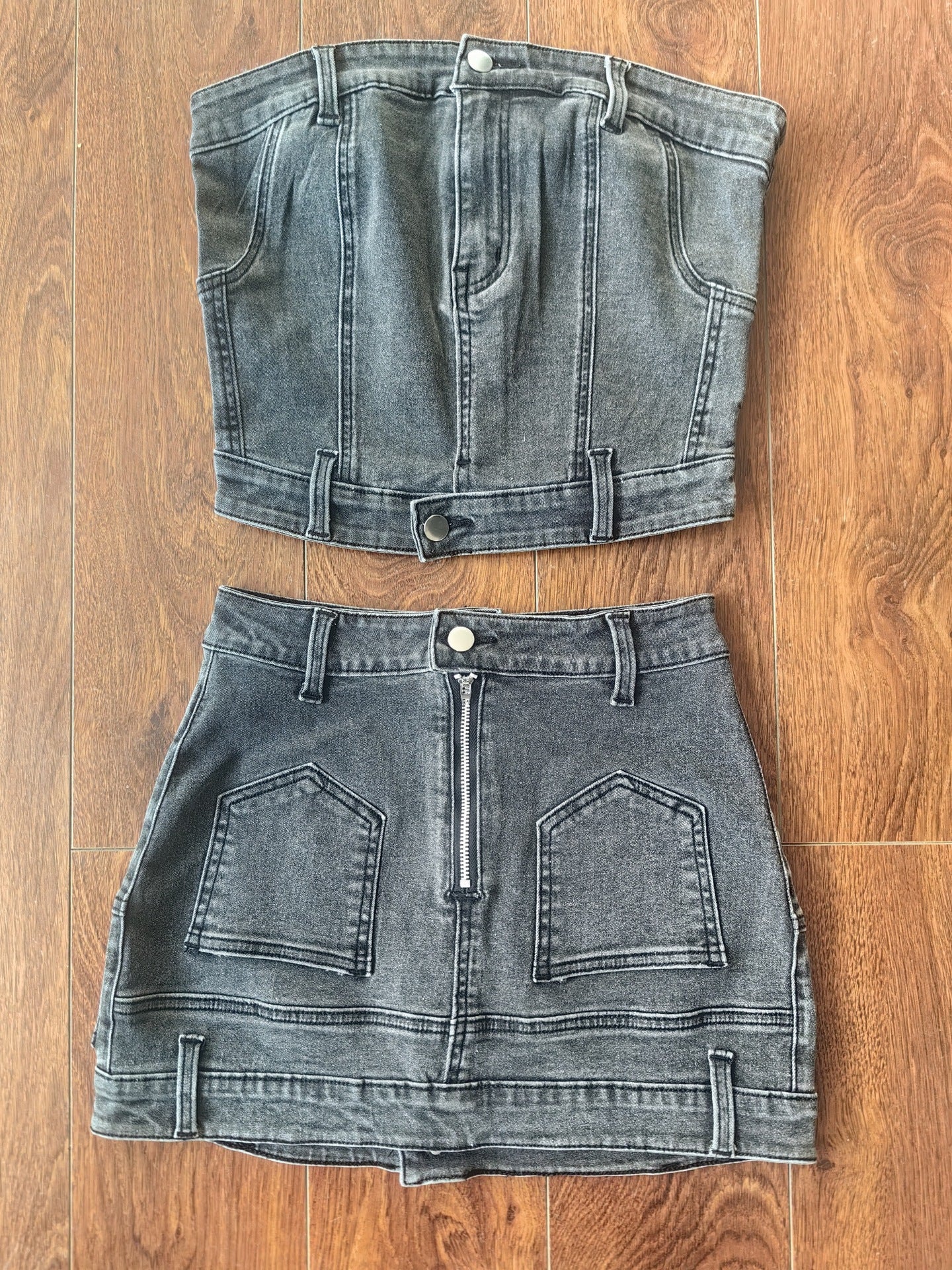 Women's Denim Tube Top Mini Skirt Set