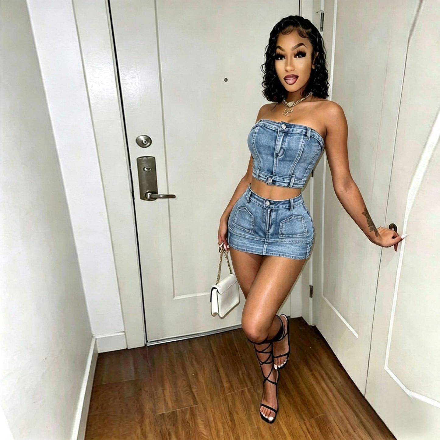 Women's Denim Tube Top Mini Skirt Set