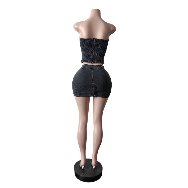 Women's Denim Tube Top Mini Skirt Set