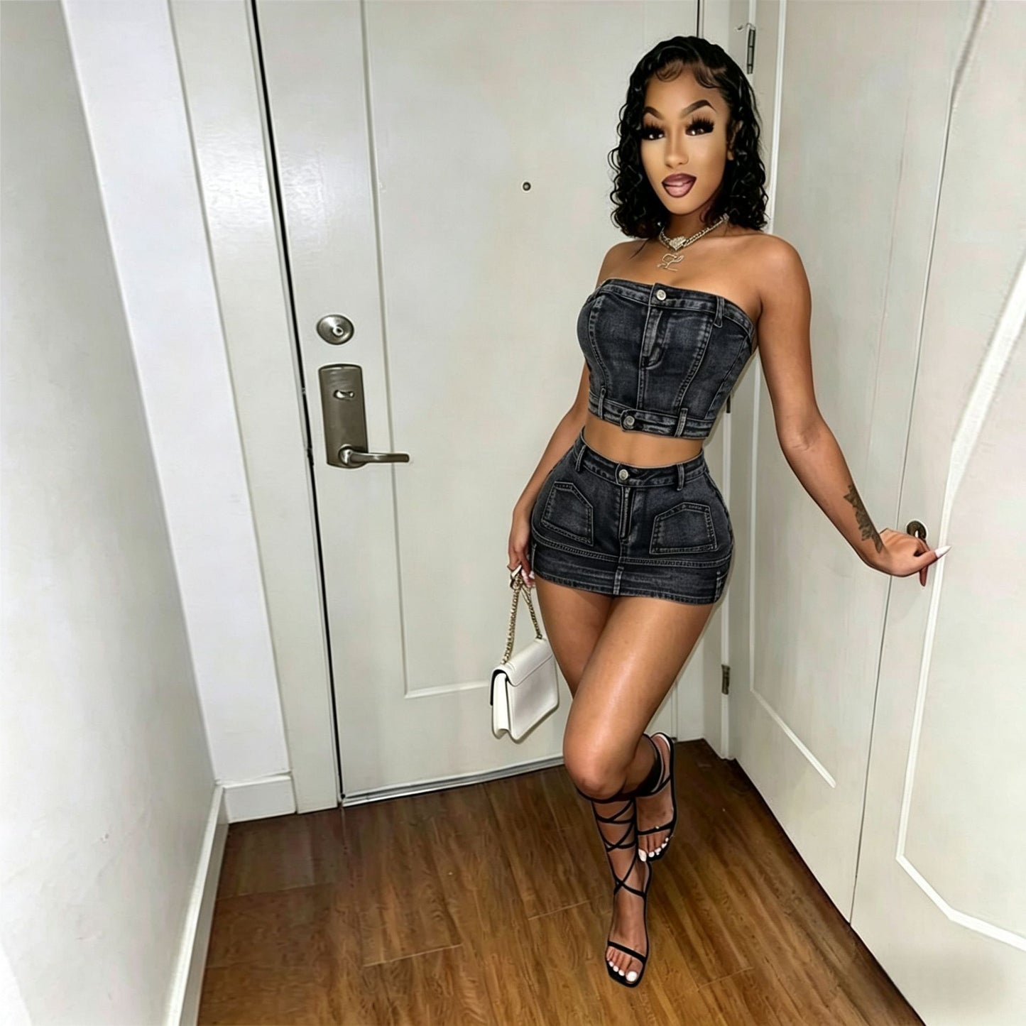 Women's Denim Tube Top Mini Skirt Set