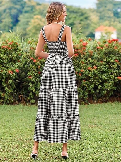 Women's Smocked Gingham Maxi Dress