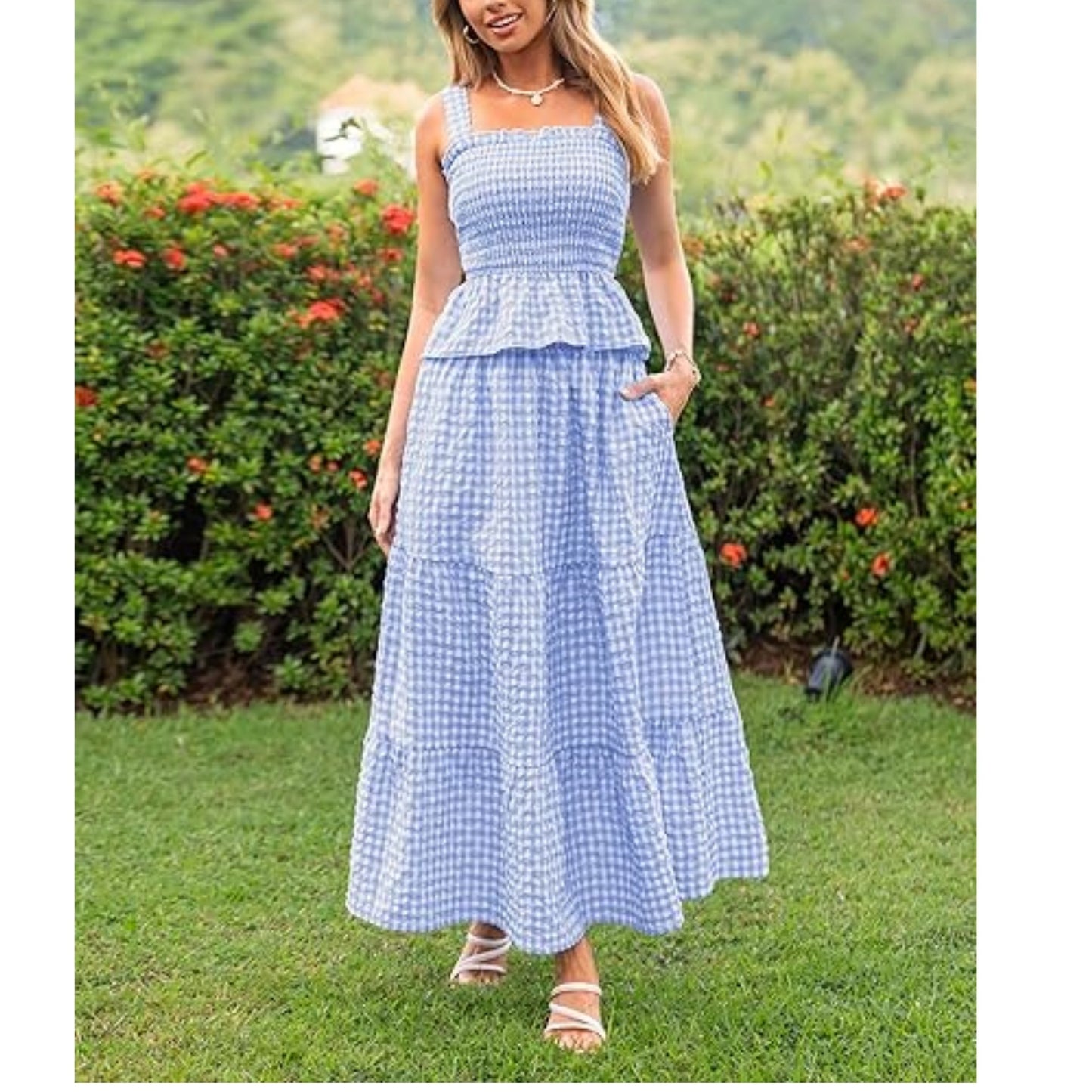 Women's Smocked Gingham Maxi Dress