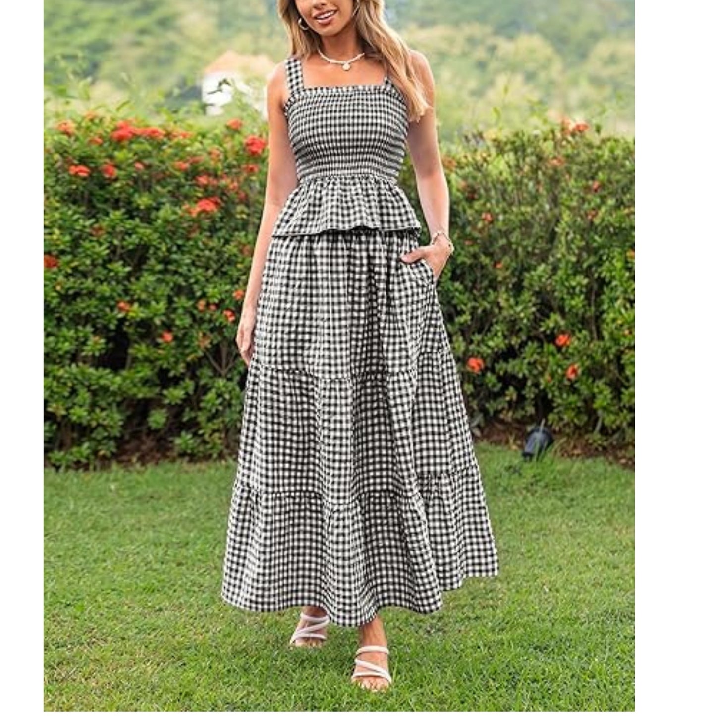 Women's Smocked Gingham Maxi Dress