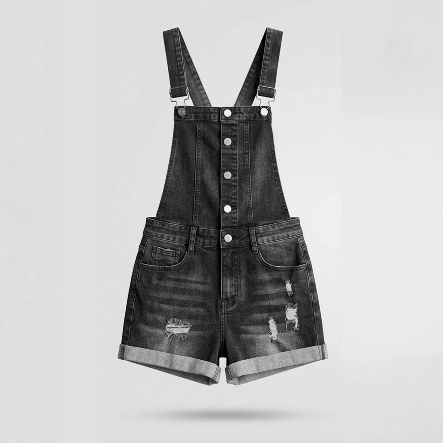 Women's Distressed Denim Short Overalls
