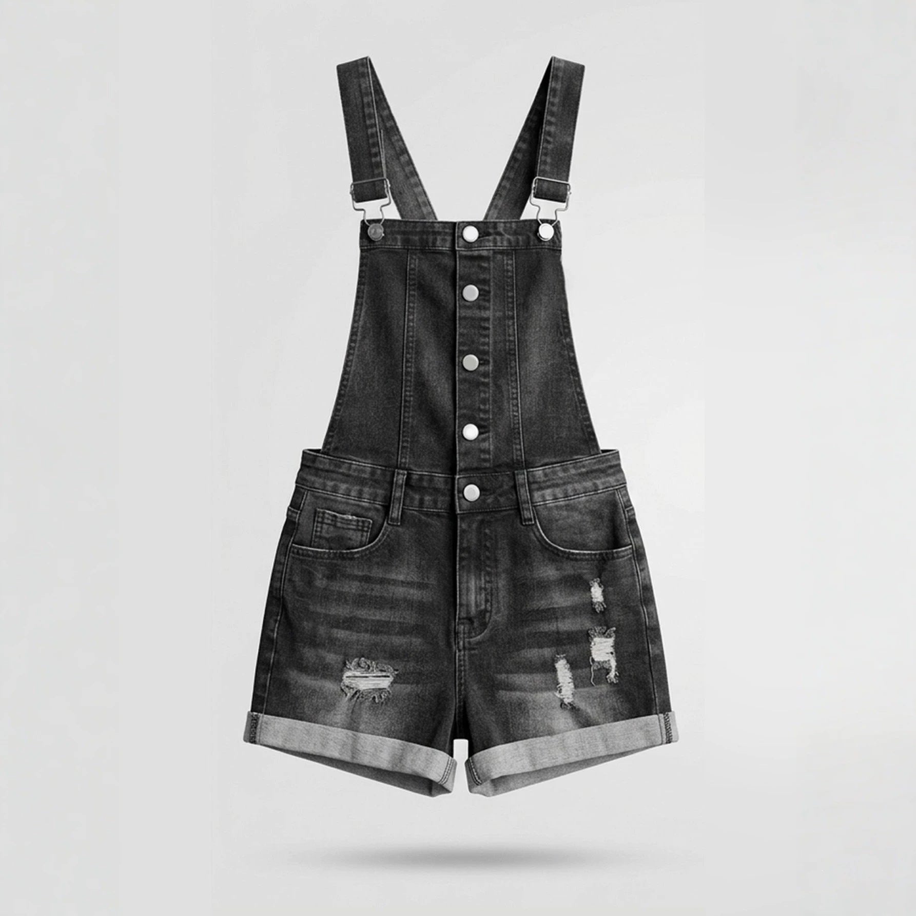 Women's Distressed Denim Short Overalls