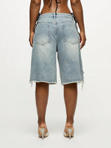Women's Distressed Grommet Denim Bermuda Shorts