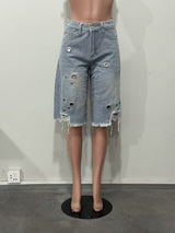 Women's Distressed Grommet Denim Bermuda Shorts