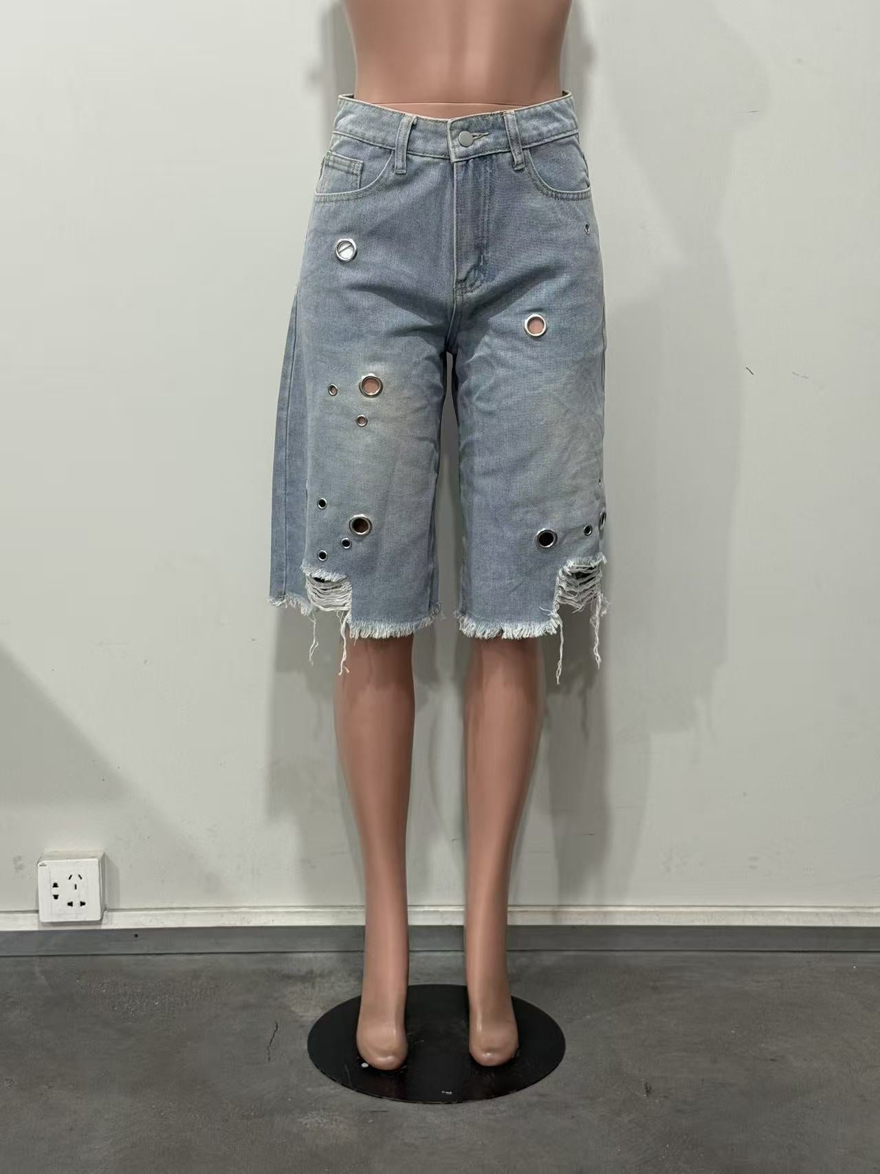 Women's Distressed Grommet Denim Bermuda Shorts
