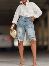 Women's Distressed Grommet Denim Bermuda Shorts