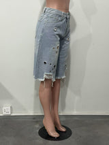 Women's Distressed Grommet Denim Bermuda Shorts