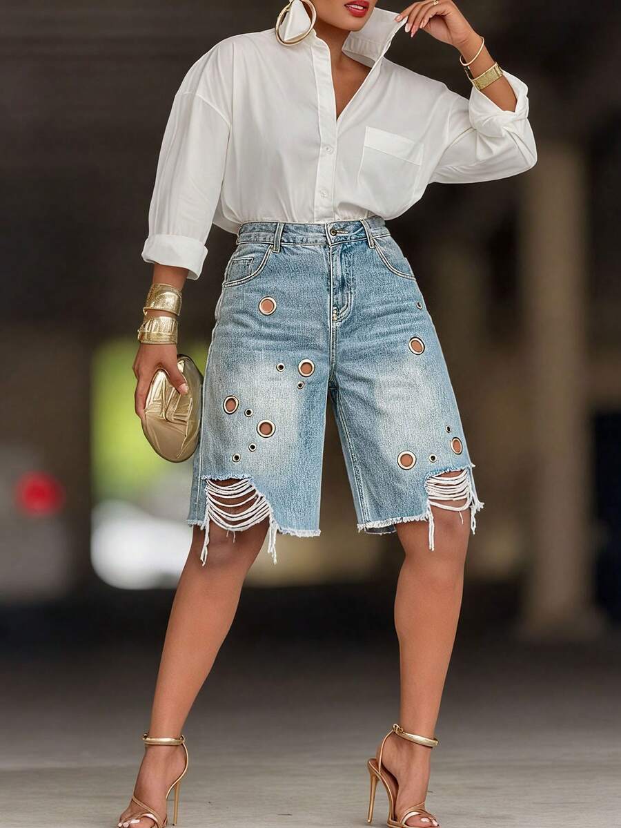Women's Distressed Grommet Denim Bermuda Shorts