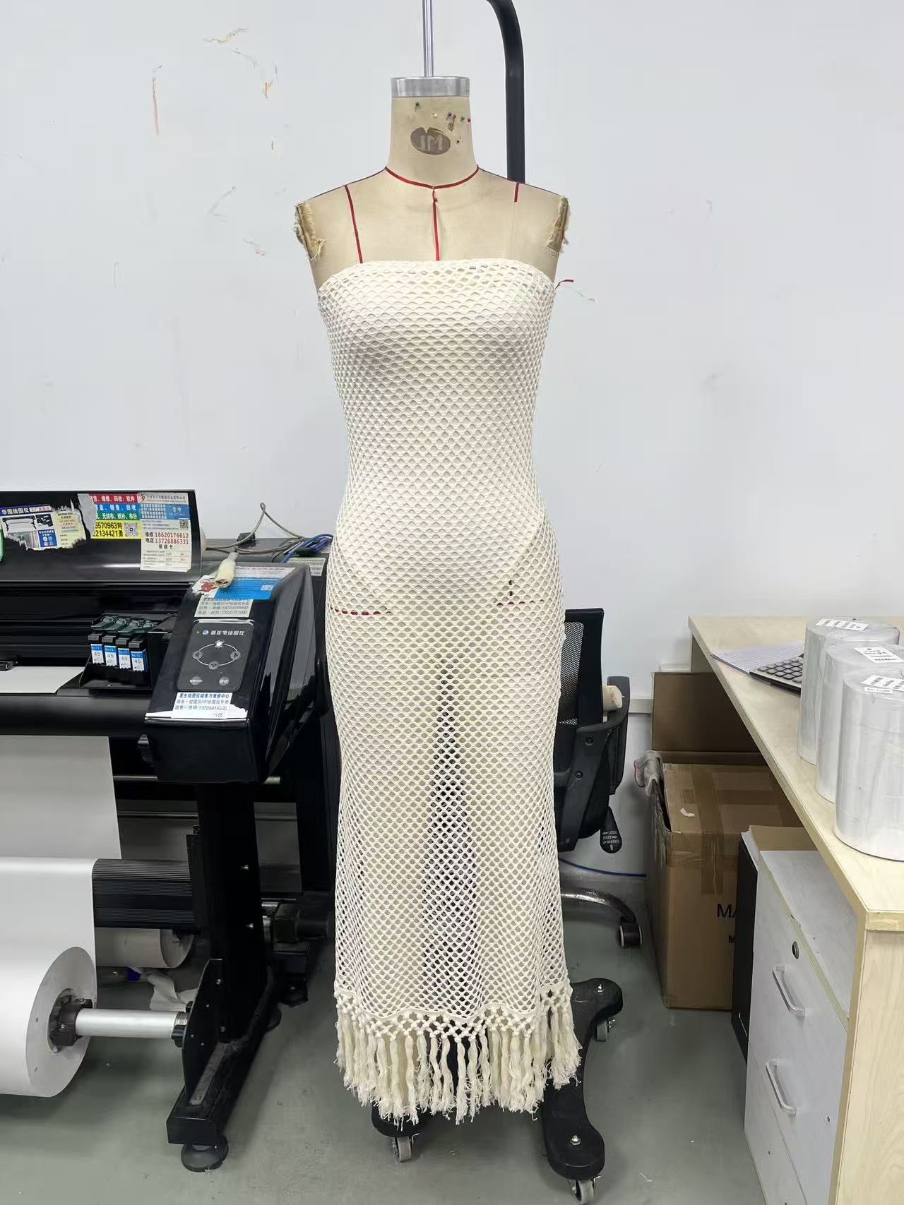 Women's Strapless Crochet Fringe Maxi Dress
