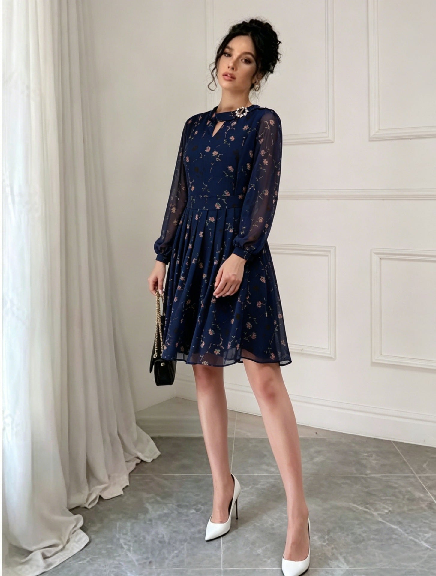 Women's Floral Print Long Sleeve Chiffon Midi Dress