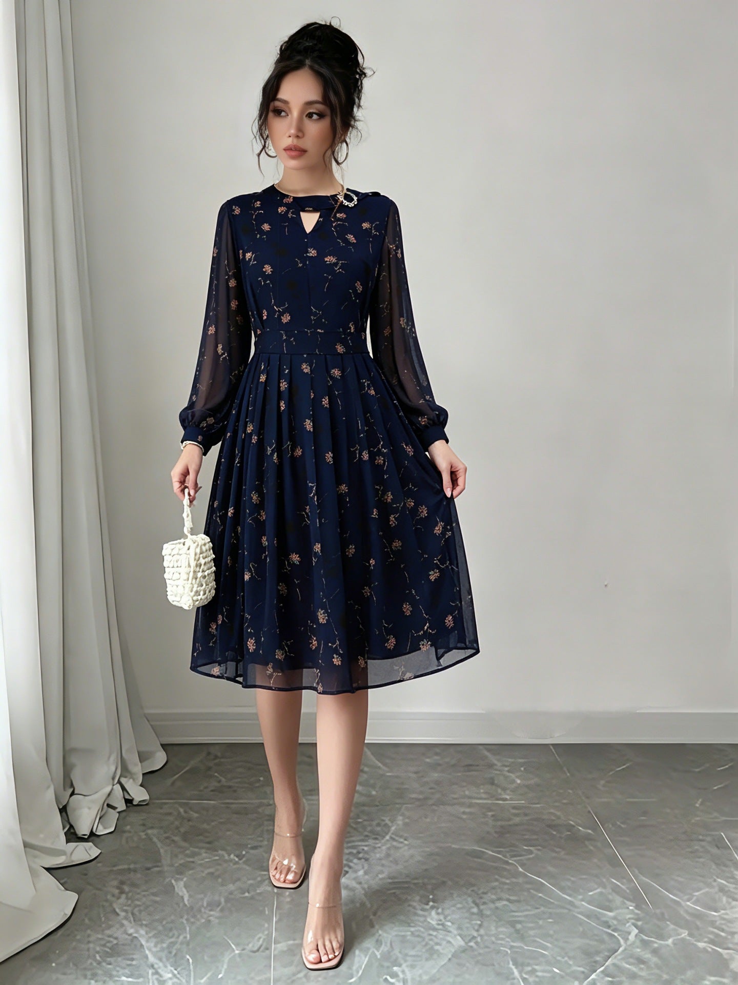Women's Floral Print Long Sleeve Chiffon Midi Dress