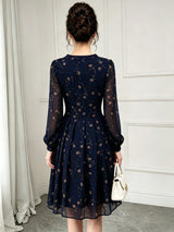 Women's Floral Print Long Sleeve Chiffon Midi Dress