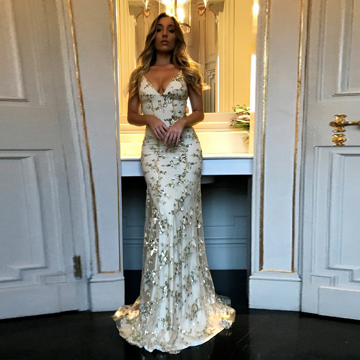Women's V-Neck Sequin Mermaid Evening Maxi Dress