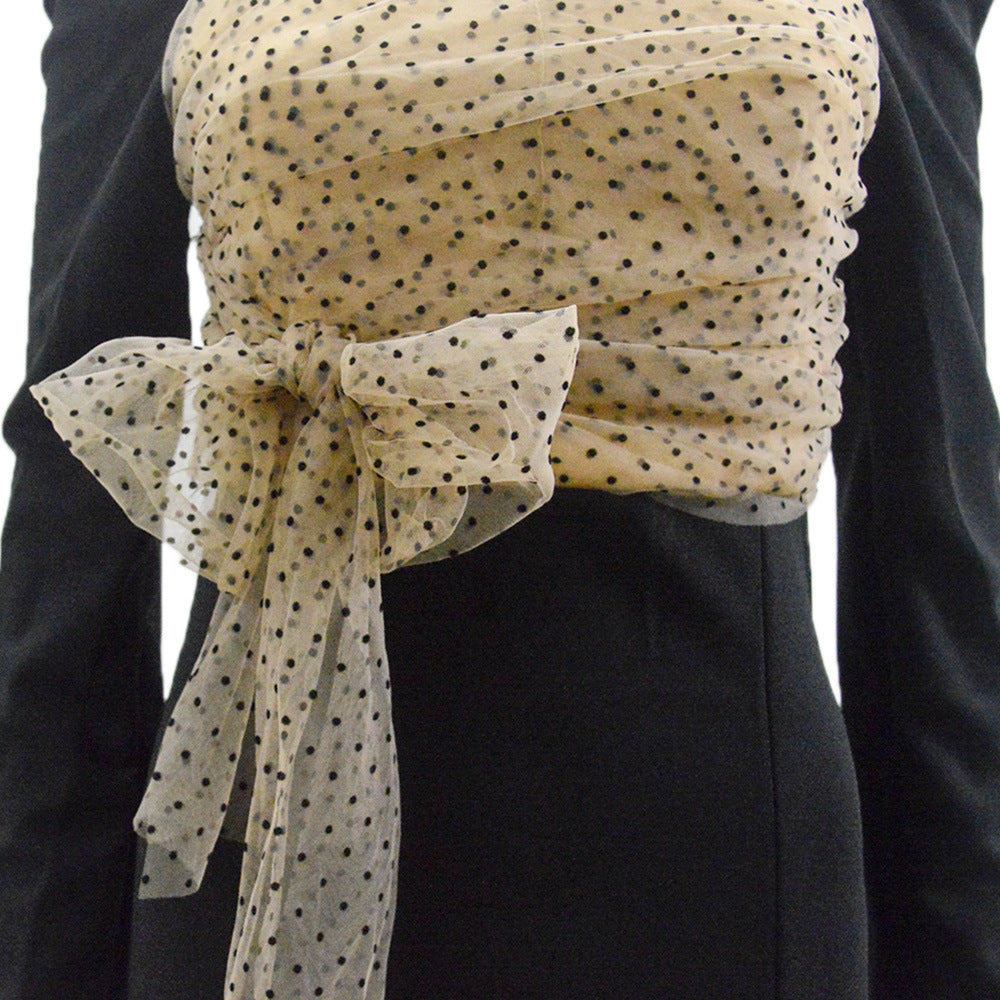 Women's Polka Dot Mesh Long Sleeve Midi Dress