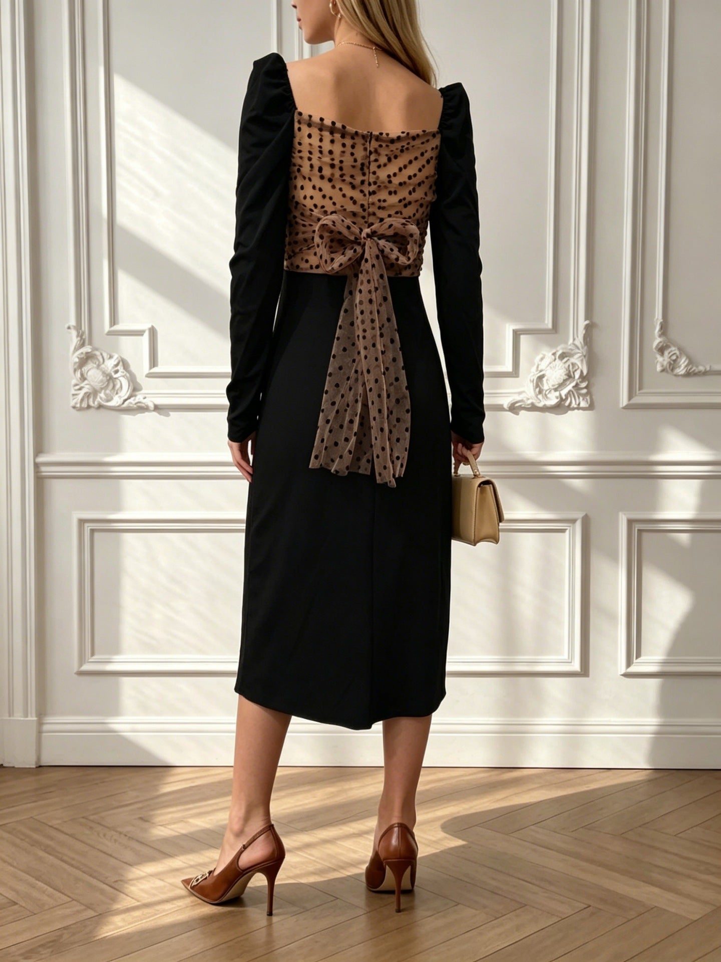 Women's Polka Dot Mesh Long Sleeve Midi Dress