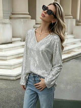 Women's Sparkly Sequin V-Neck Long Sleeve Blouse