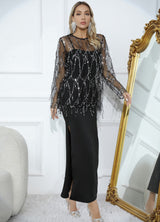 Women's Sequin Mesh Overlay Long Sleeve Maxi Dress