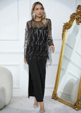 Women's Sequin Mesh Overlay Long Sleeve Maxi Dress