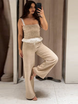 Women's Smocked Ruffle Crop Top & Wide Leg Pants Set